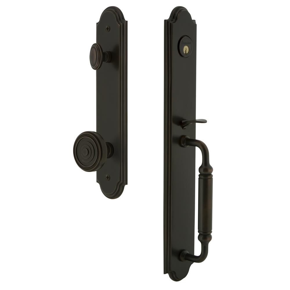 Grandeur by Nostalgic Warehouse ARCCGRSOL Arc One-Piece Handleset with C Grip and Soleil Knob in Timeless Bronze